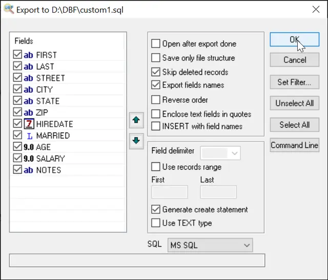 Export DBF to SQL screenshot