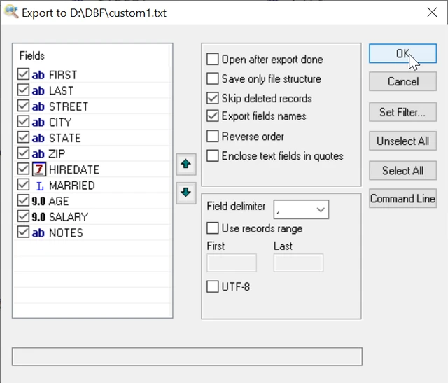 Export DBF to Text Screenshot