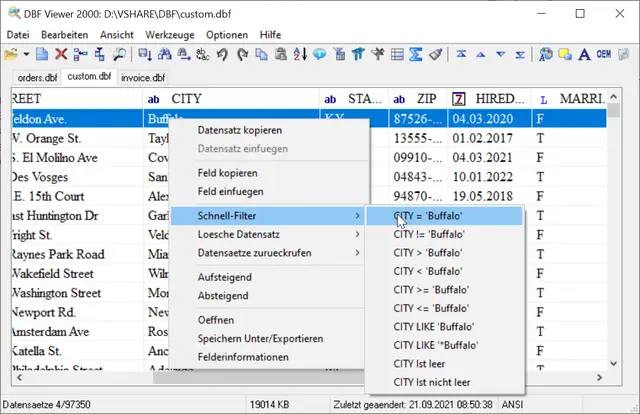 Filtern aus dem Kontextmenü