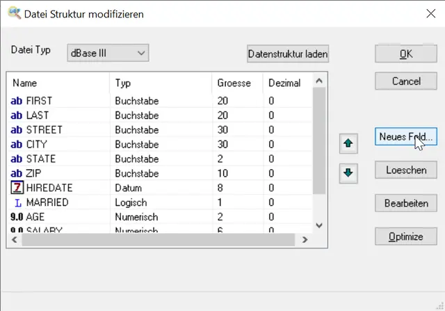 Ändern Sie die DBF-Dateistruktur