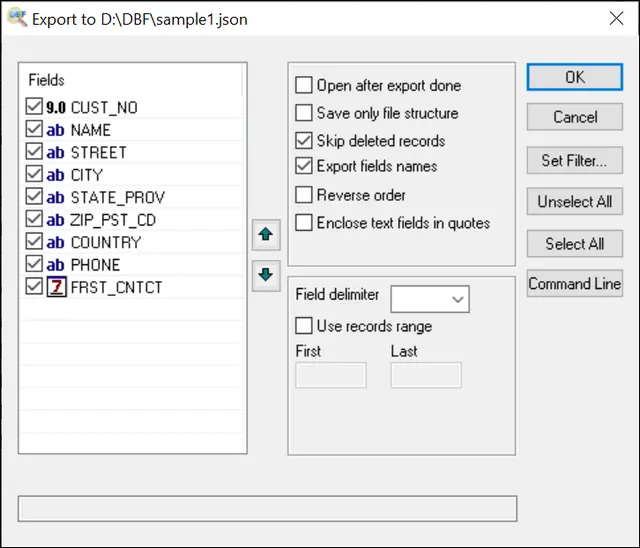 Export DBF to JSON Screenshot