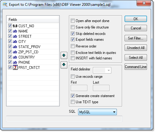 DBF to MySQL exporting