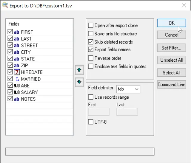 Export DBF to TSV Screenshot