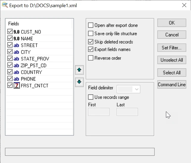 Export DBF to XML Screenshot