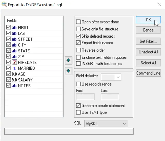 Export DBF dialog