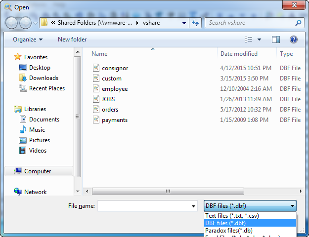 Import to DBF dialog