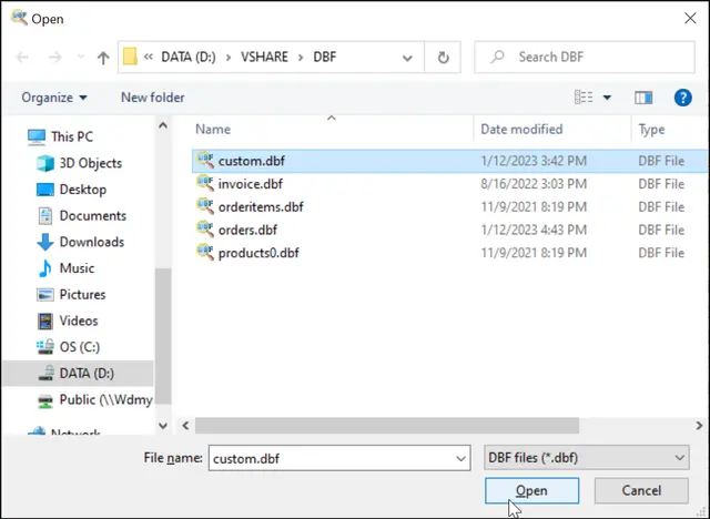 Import to DBF dialog