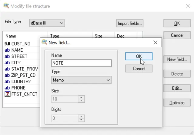 modify dbf file structure