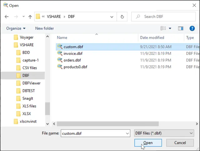 select dbf file window