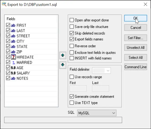 Exportez DBF vers XLS, XLSX, CSV, SQL, XML et d'autres formats