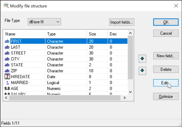 Modifier la structure du fichier DBF